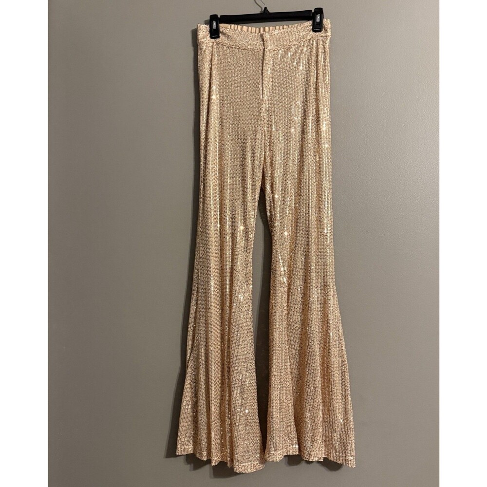 Judith March Gold Cream Sequin Wide Leg Flare Pants Cocktail Party Vegas Dressy